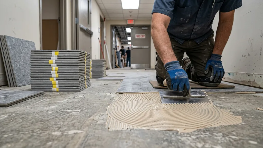 Commercial VCT tile floor installation in a Vancouver WA commercial facility